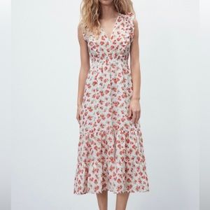 Zara maxi dress red floral ruffle v neckline Size S
